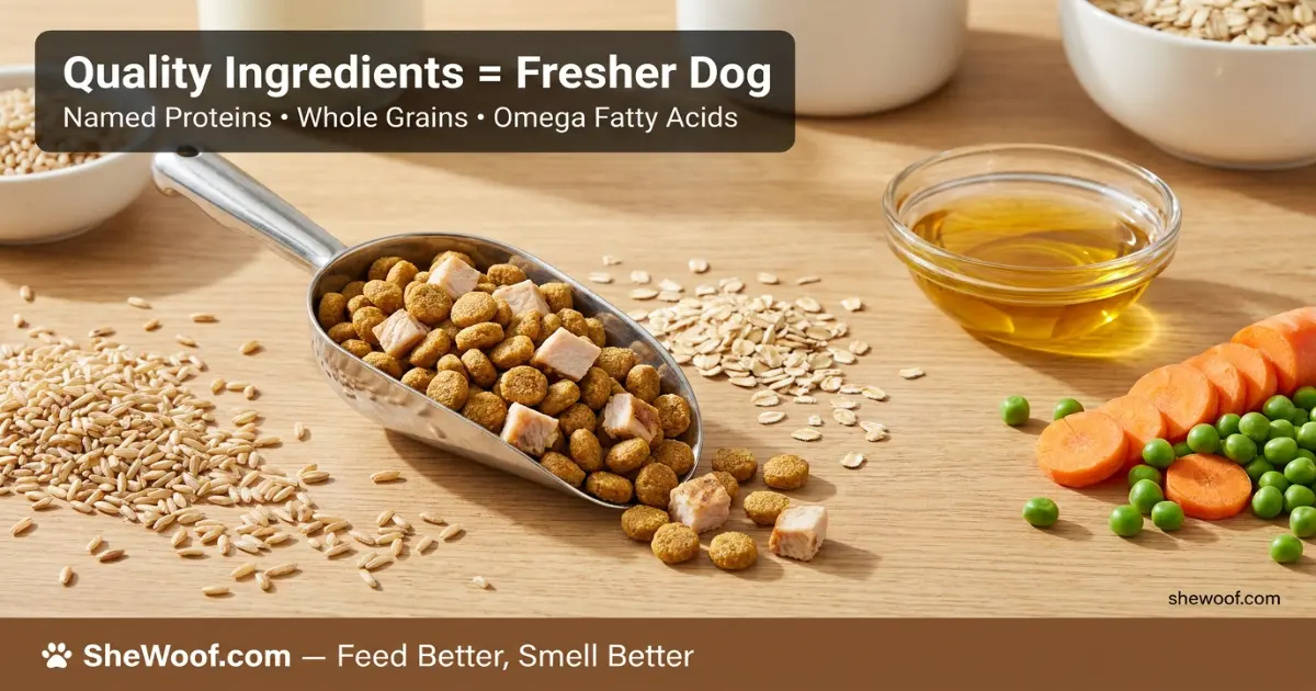 Close-up of high-quality dog food ingredients including named proteins and whole grains