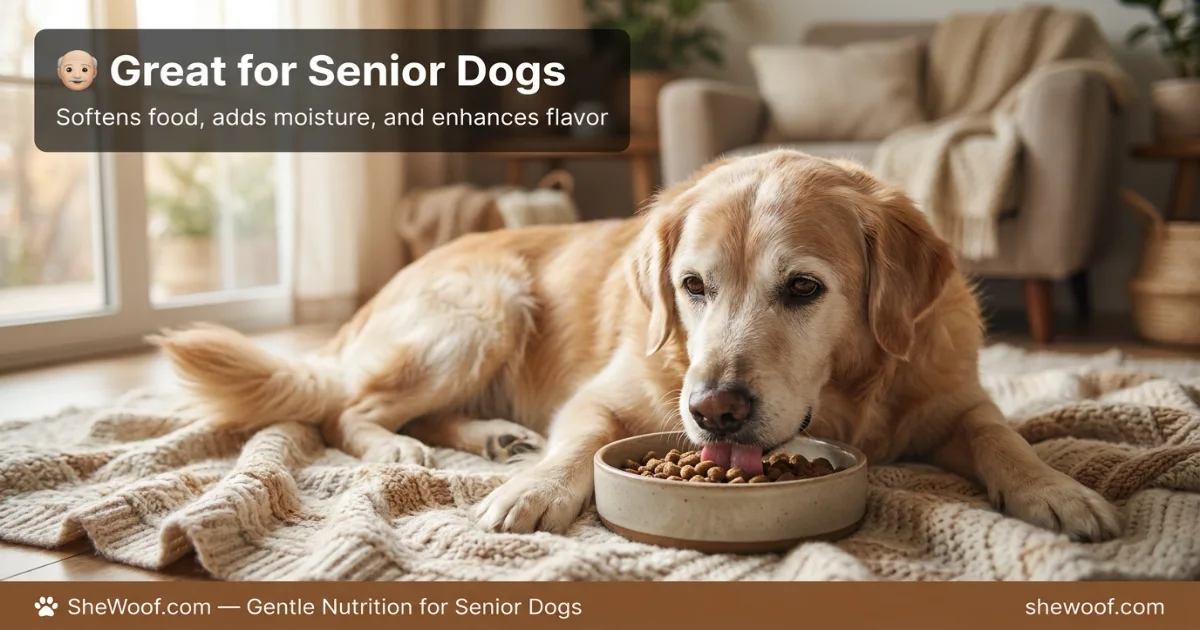 Senior dog eating a meal with beef broth poured over kibble