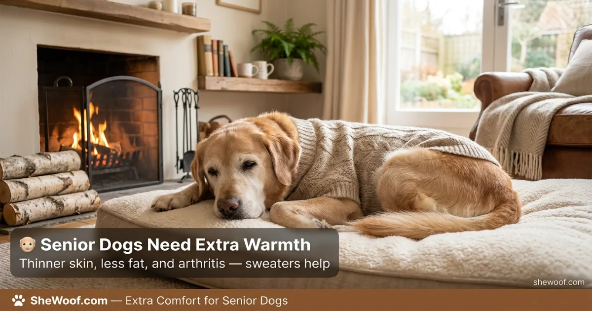 Senior dog wearing a sweater for extra warmth during cold weather