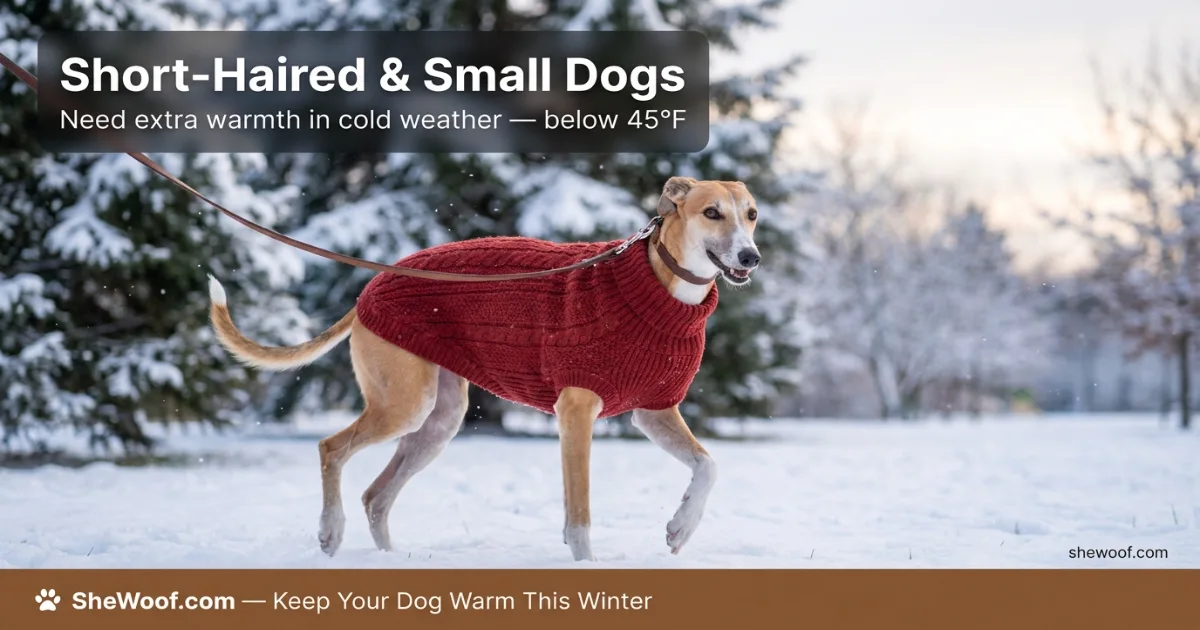 Short-haired dog wearing a cozy sweater during a winter walk in the snow