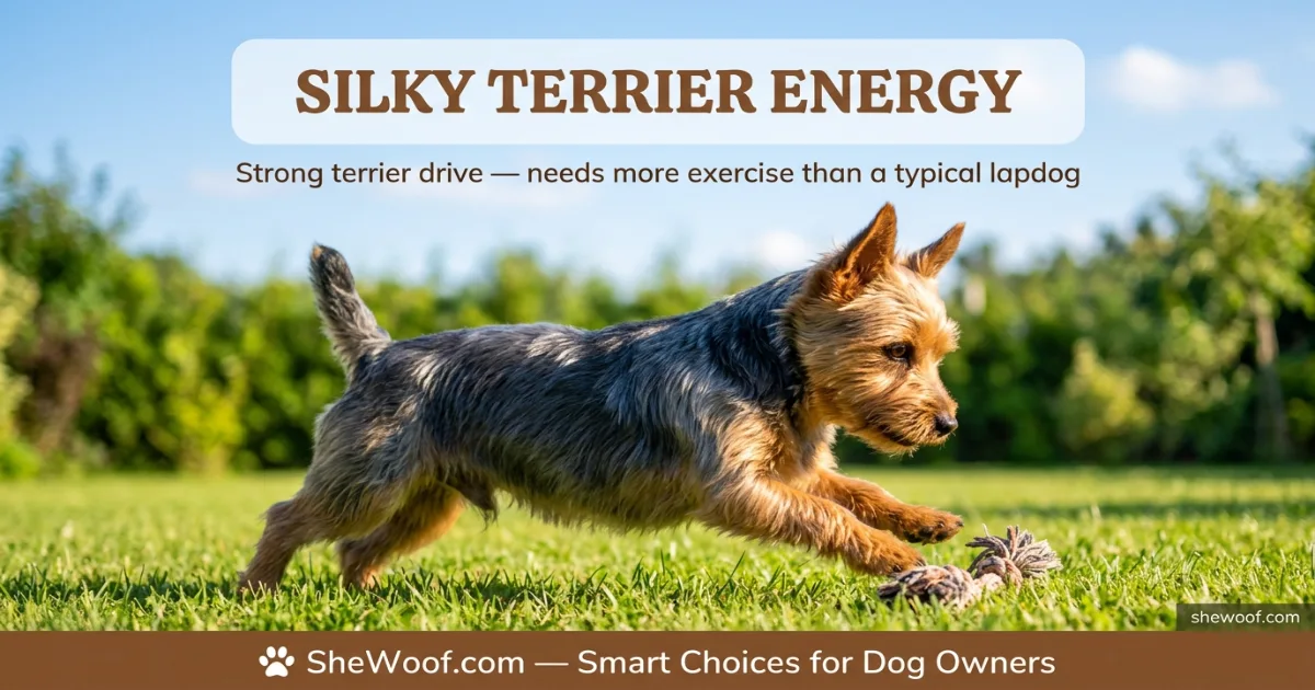 Silky Terrier playing energetically outdoors in a grassy yard showing terrier personality