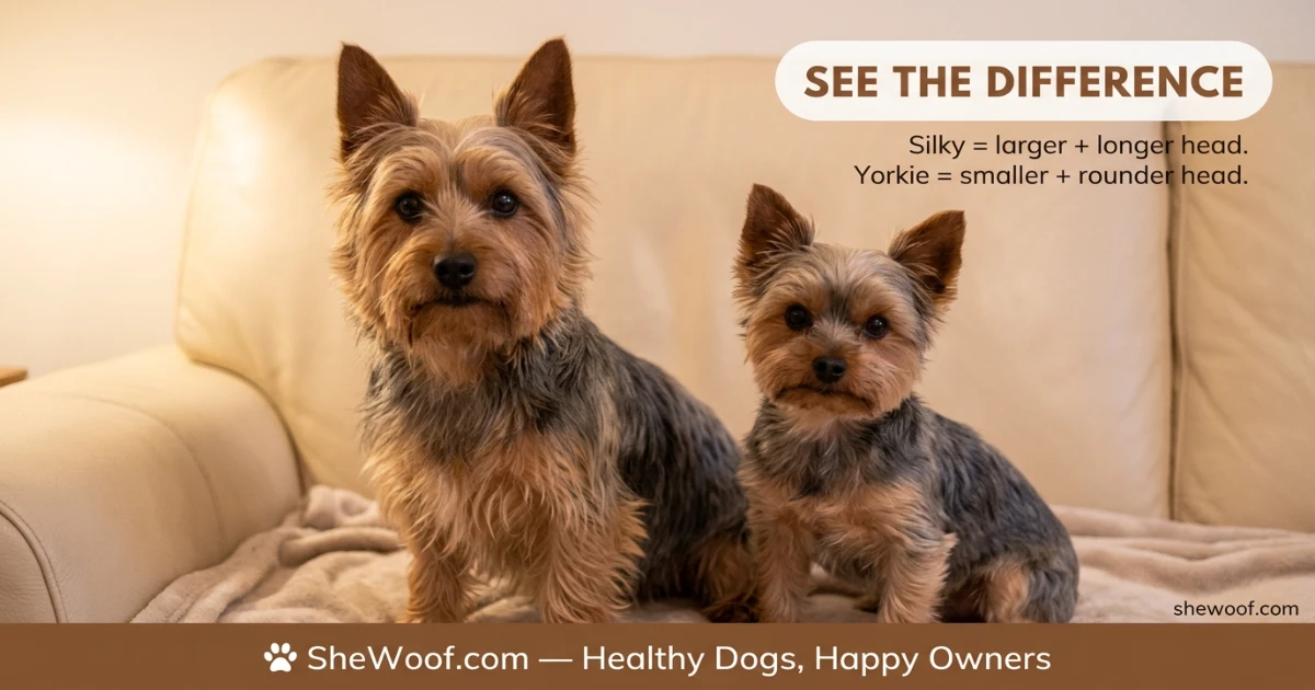 Silky Terrier and Yorkshire Terrier sitting together on a sofa for a direct size and build comparison