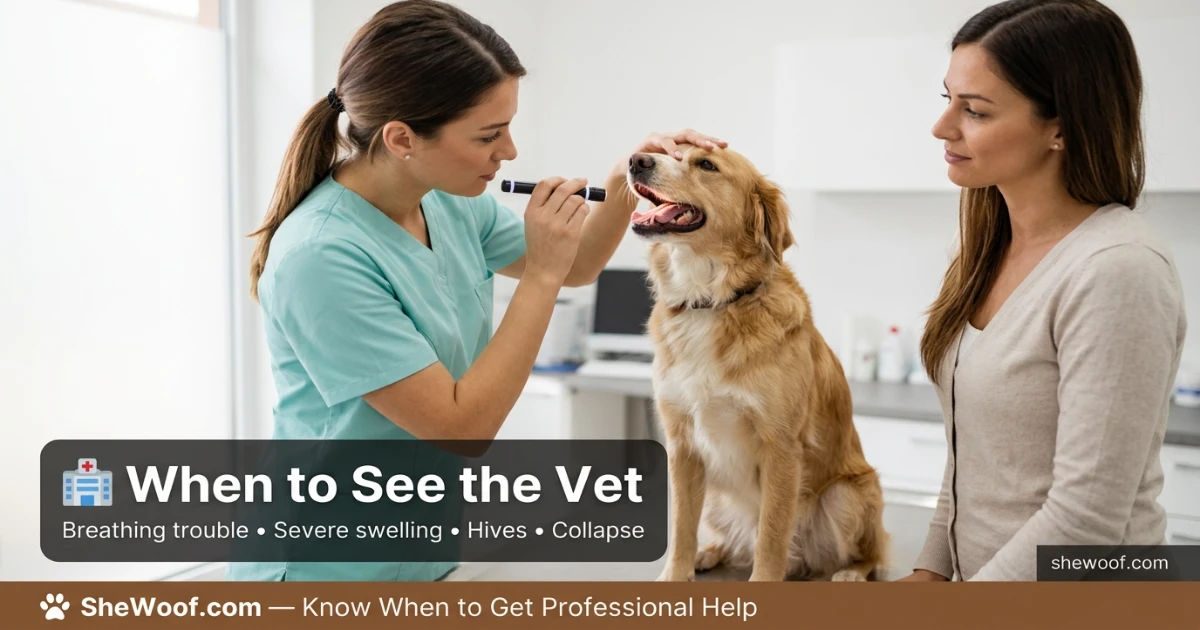 Veterinarian examining a dog's mouth and throat after a bee sting