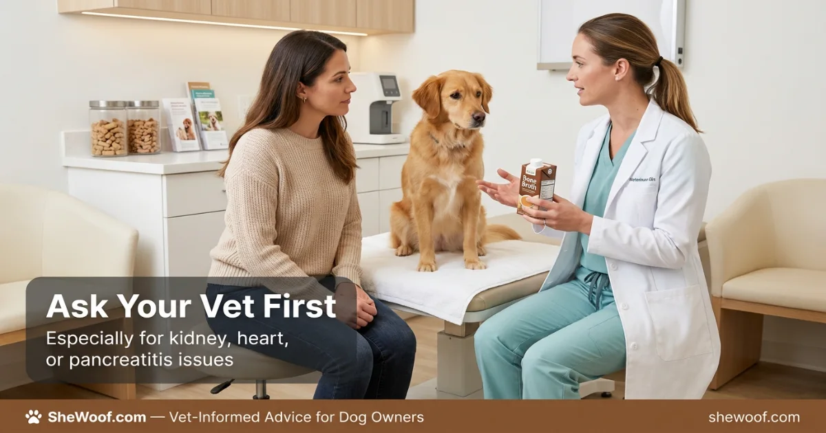 Veterinarian advising dog owner about adding broth to dog food