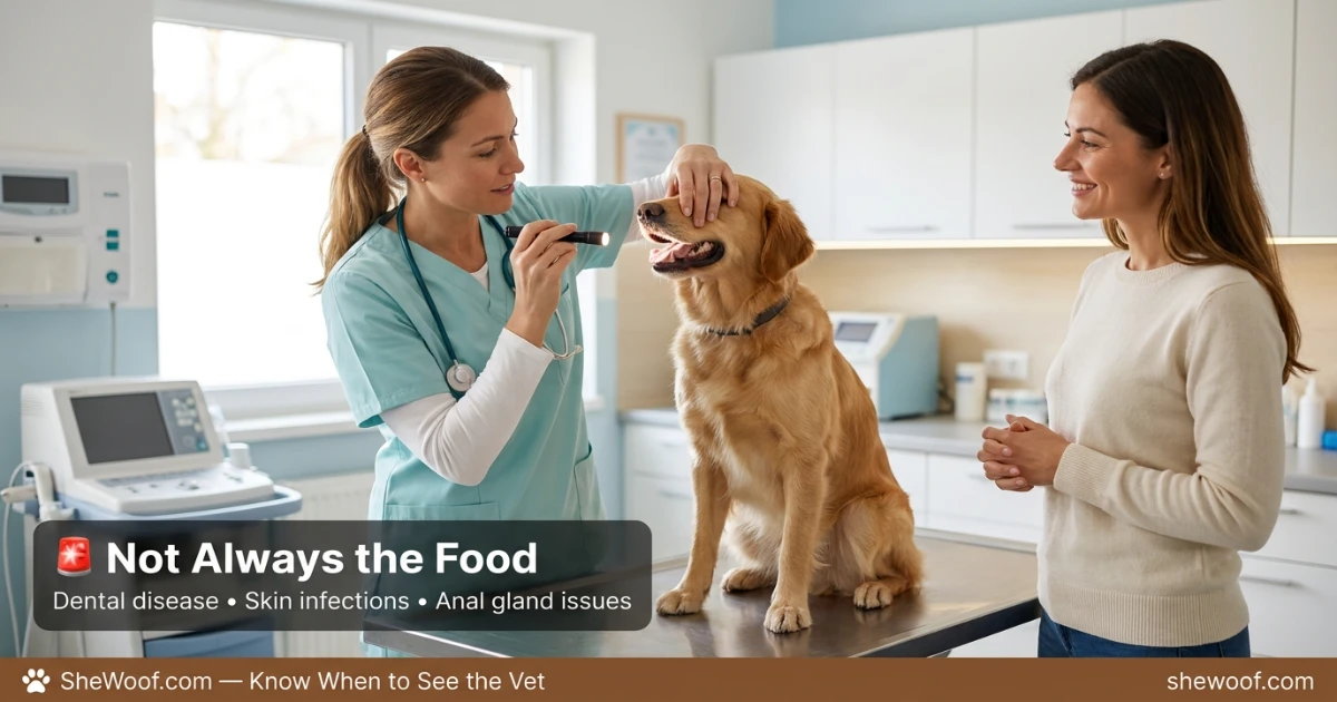 Veterinarian examining a dog for odor-related causes including skin, ears, and teeth