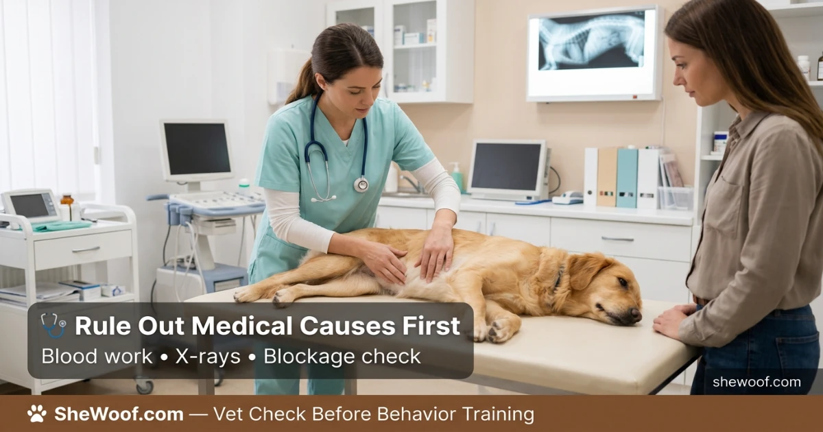 Veterinarian examining a dog that has been eating rocks to check for blockages or medical causes