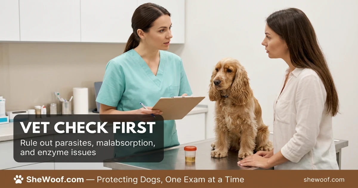 Veterinarian examining a dog and discussing coprophagia with the owner