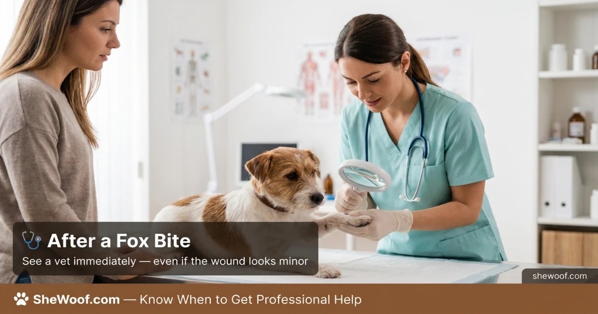 Veterinarian examining a small dog for injuries after a fox encounter