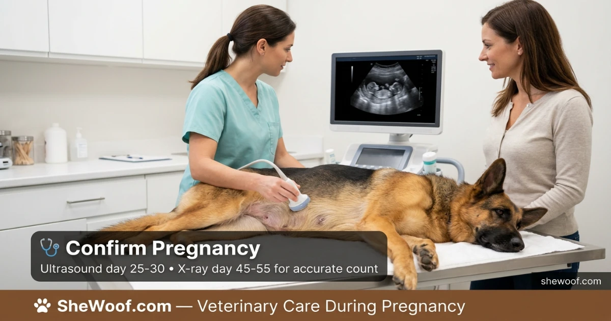 Veterinarian examining a pregnant German Shepherd with ultrasound to check litter size