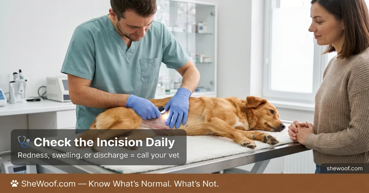 Veterinarian checking a dog's incision after spay surgery