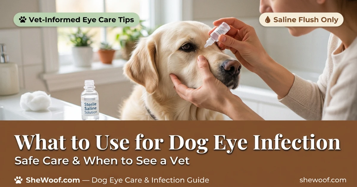 Owner gently flushing a dog's eye with sterile saline solution