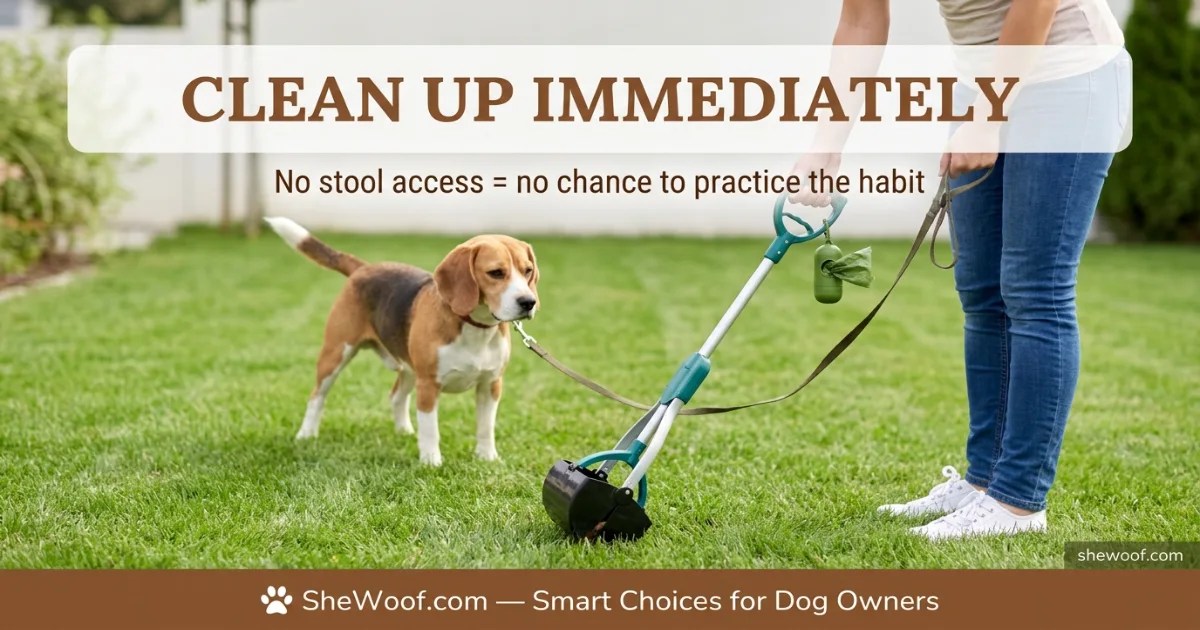 Owner using a pooper scooper to clean up dog stool immediately from the yard