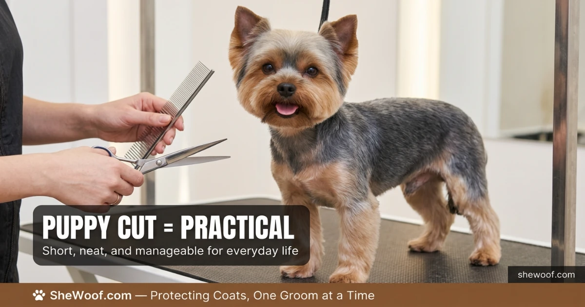 Yorkshire Terrier with a neat short puppy cut grooming style on a grooming table