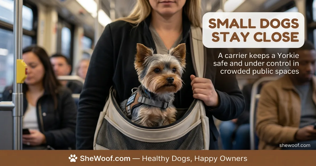 Yorkshire Terrier service dog in a vest calmly resting beside their handler in a public place