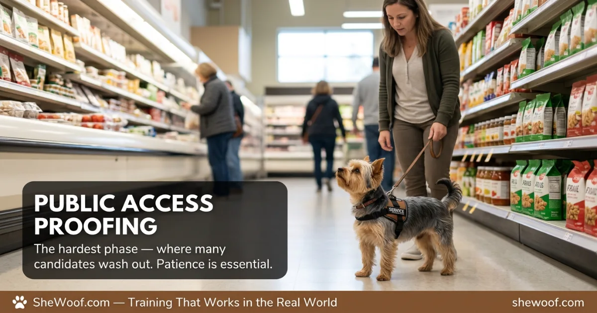 Yorkshire Terrier in a service dog vest practicing calm public access behavior in a store with handler