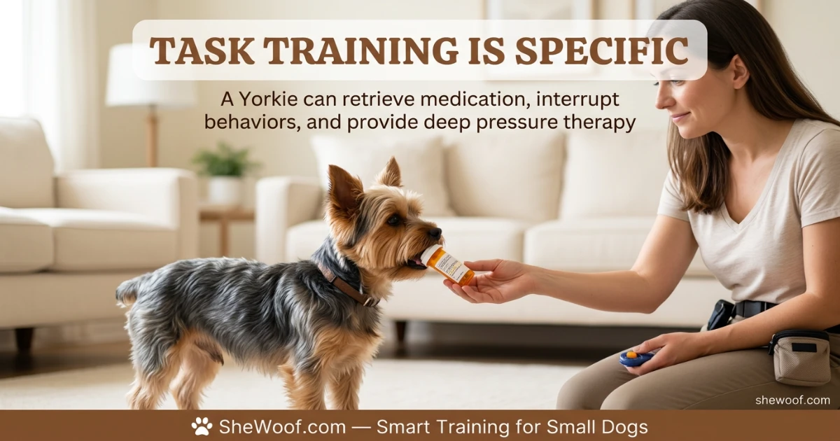 Yorkshire Terrier learning a specific service dog task involving retrieving a small object for their handler