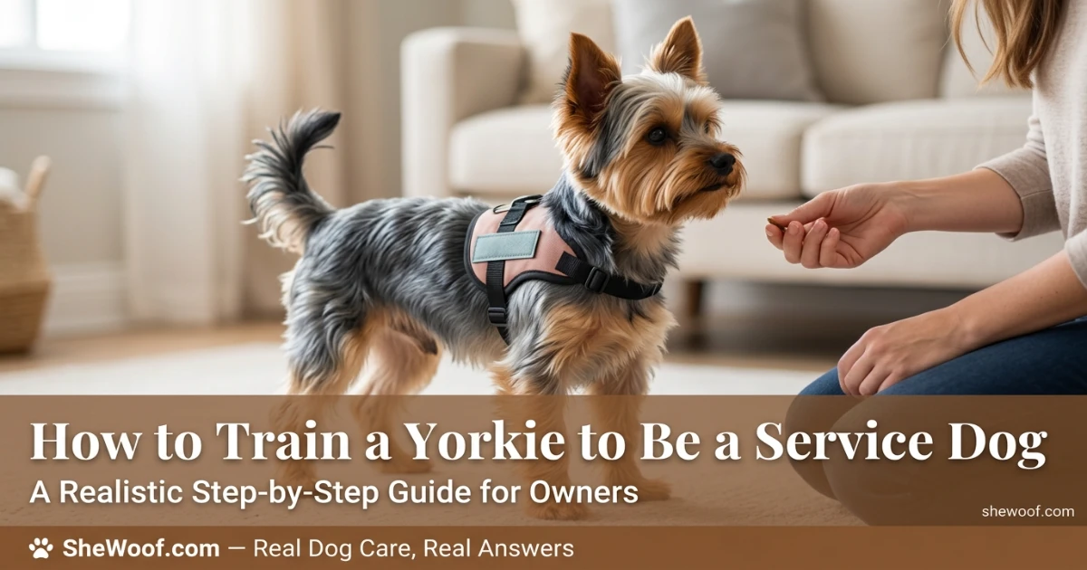 Yorkshire Terrier wearing a service dog vest during a public access training session with handler