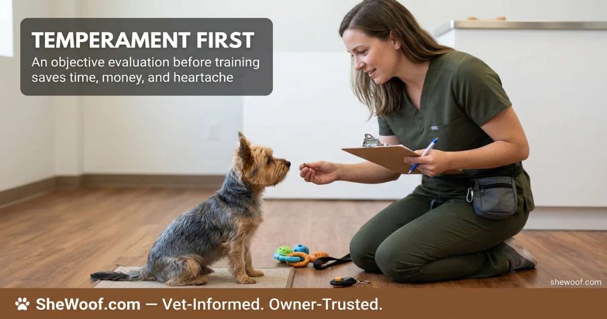 Professional dog trainer evaluating a Yorkshire Terrier's temperament during a service dog candidate assessment