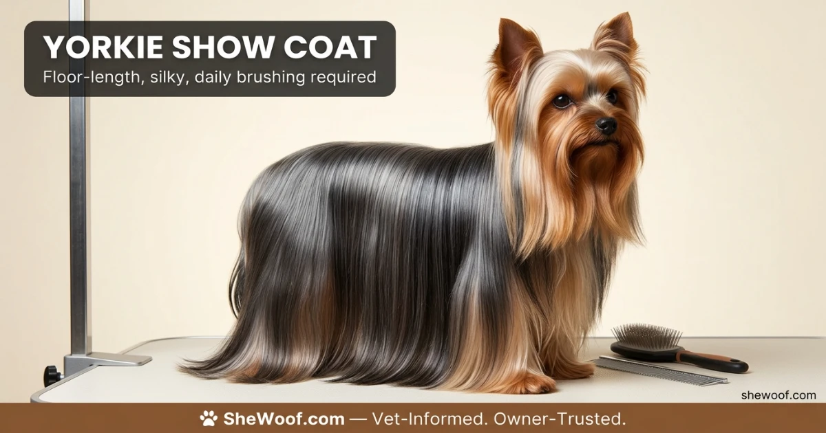 Yorkshire Terrier with a full-length floor-sweeping silky blue and tan show coat
