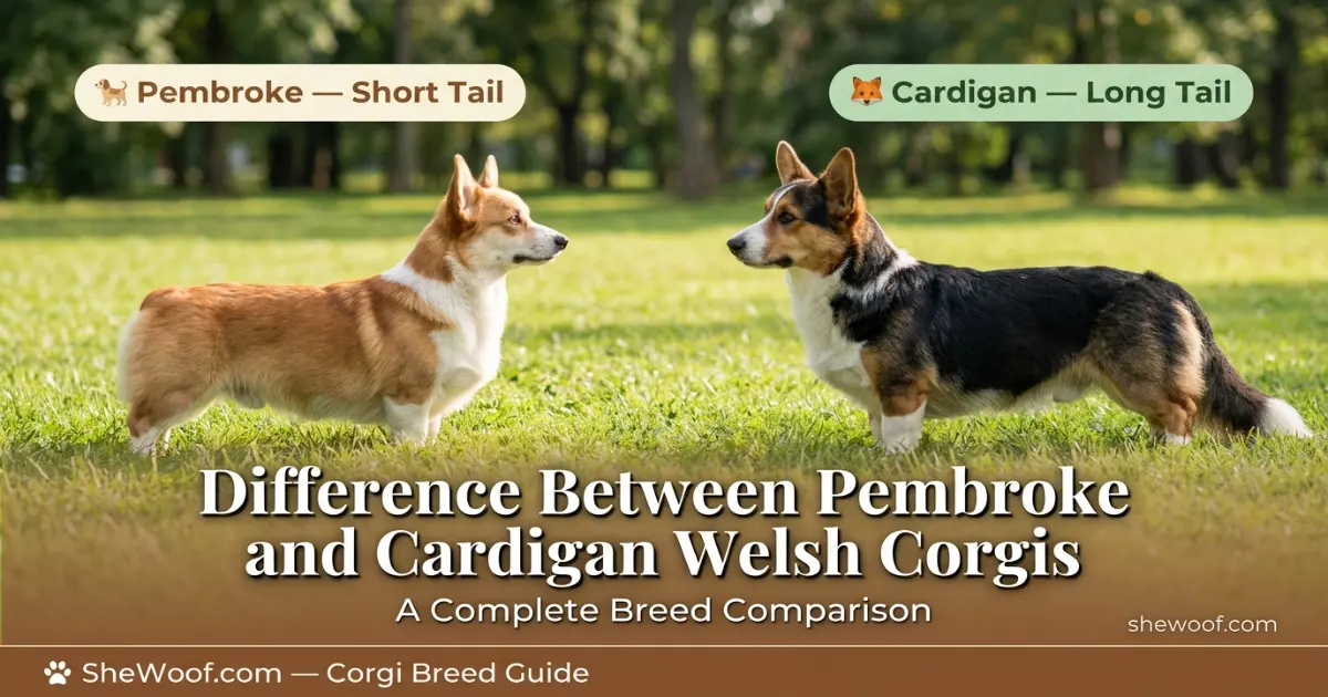 Pembroke Welsh Corgi and Cardigan Welsh Corgi standing side by side showing tail and size differences