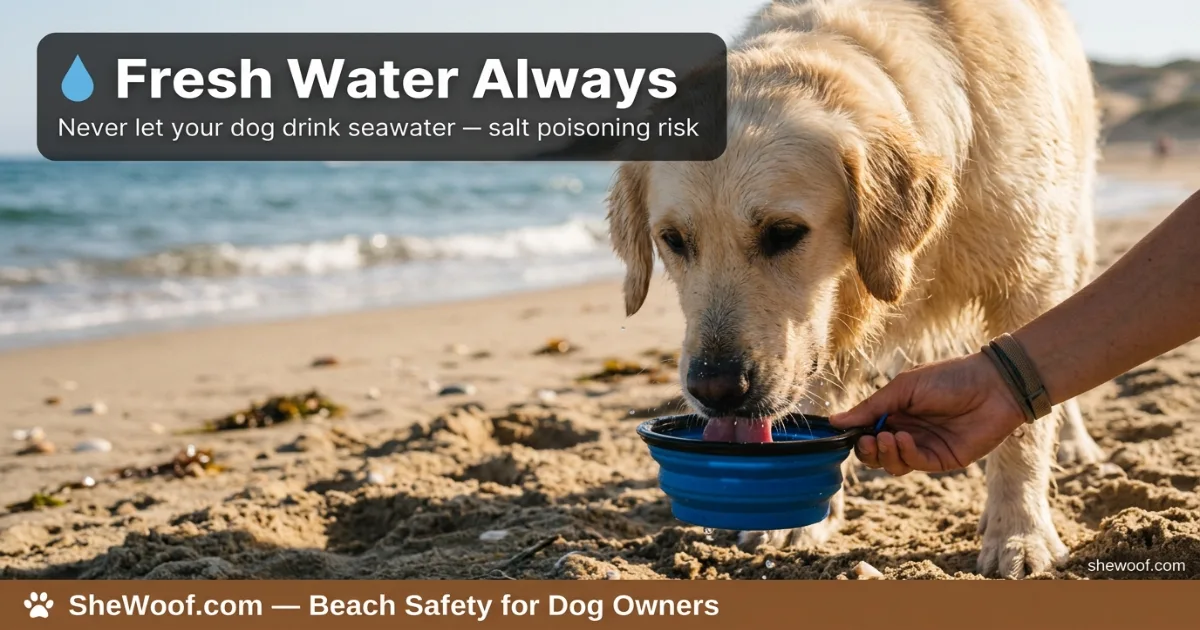 Dog drinking fresh water from a bowl after playing at the beach to prevent salt toxicity