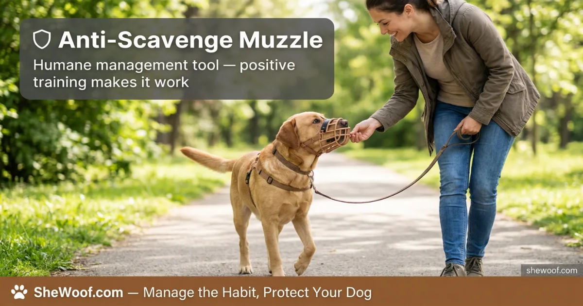 Dog wearing a basket muzzle with an anti-scavenge guard during a walk