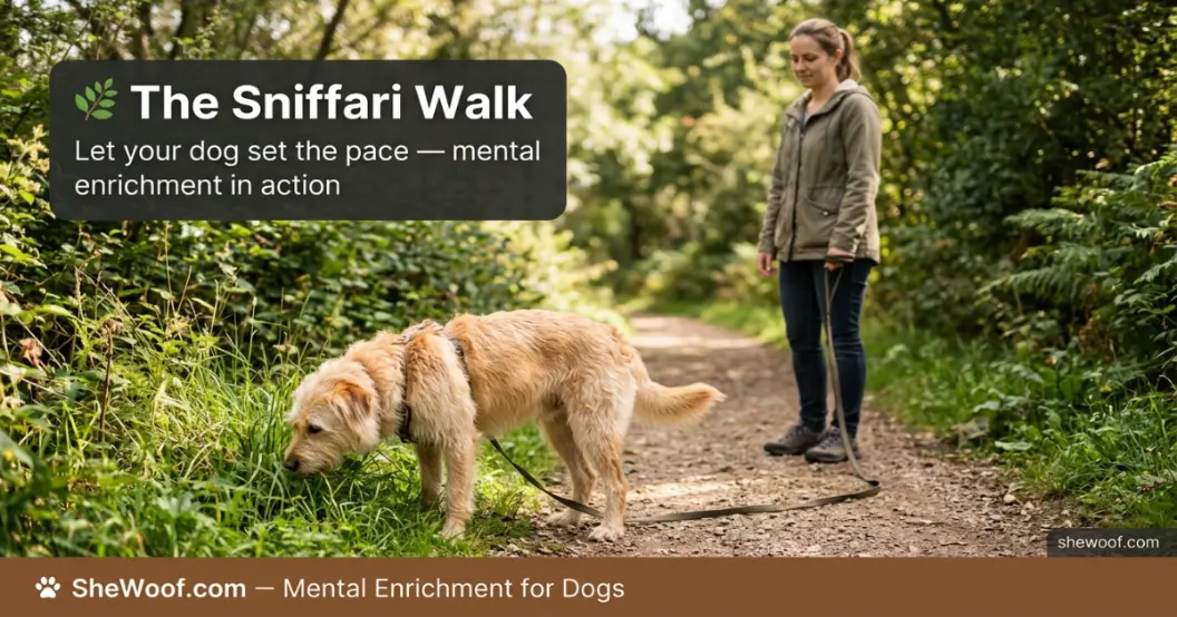 Dog enjoying a slow sniffari walk, sniffing plants and grass along a path