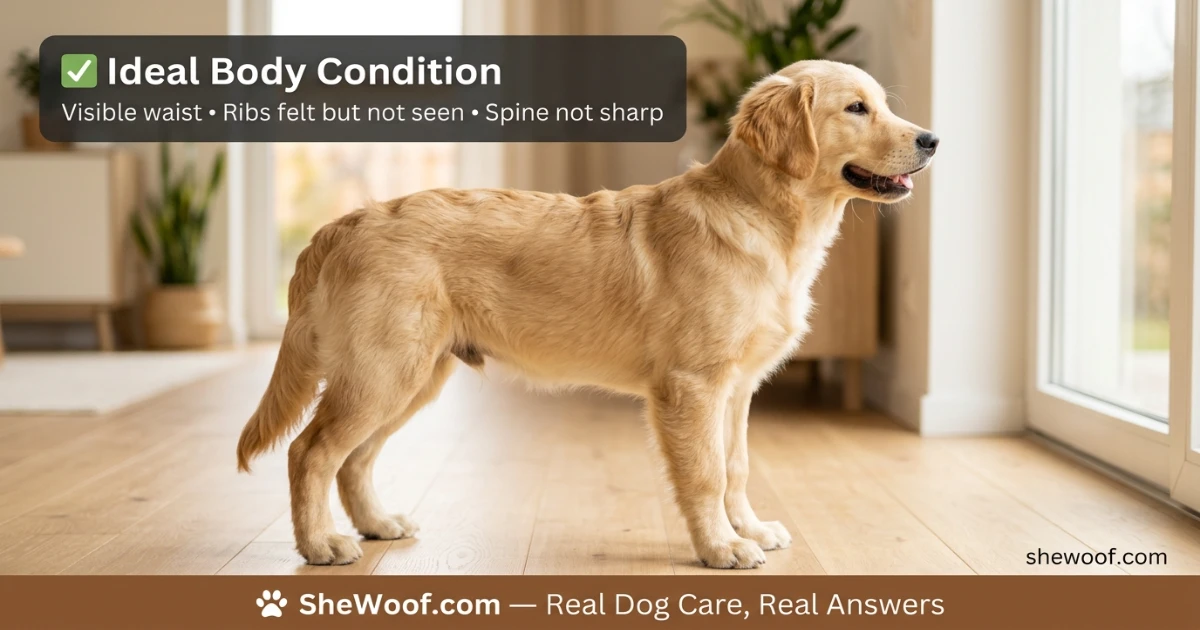 Healthy puppy at ideal body condition with visible waist and covered ribs
