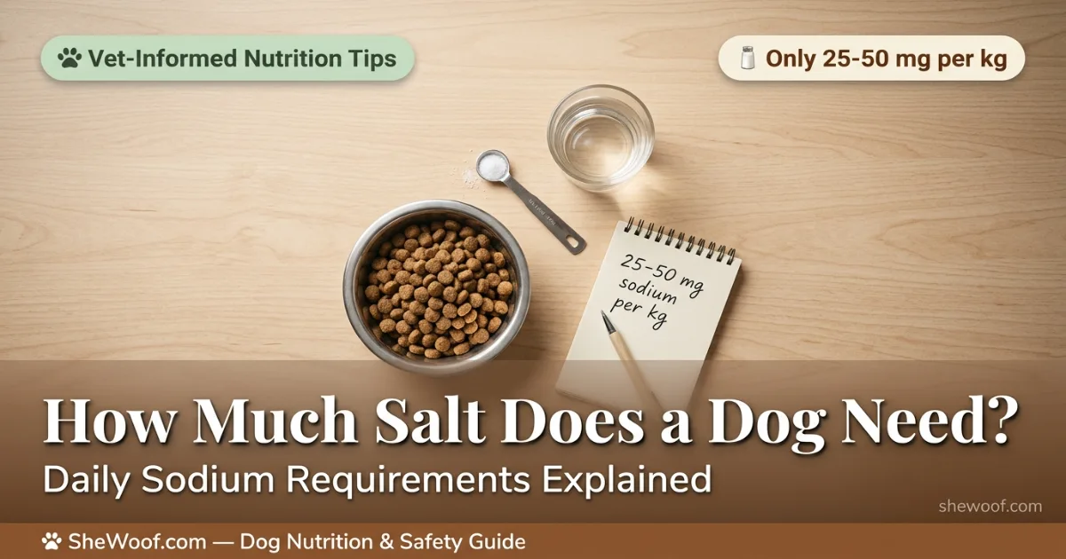 Small amount of salt being measured next to a dog food bowl for daily sodium requirements