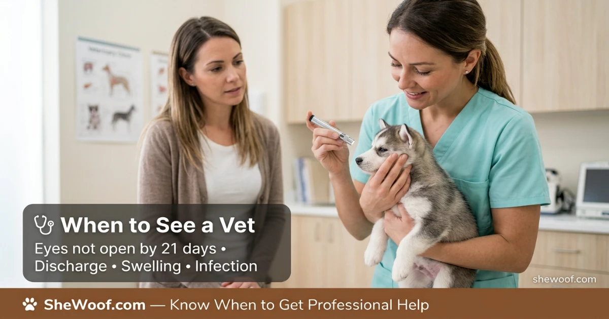 Veterinarian gently examining a Husky puppy's eyes during a wellness check