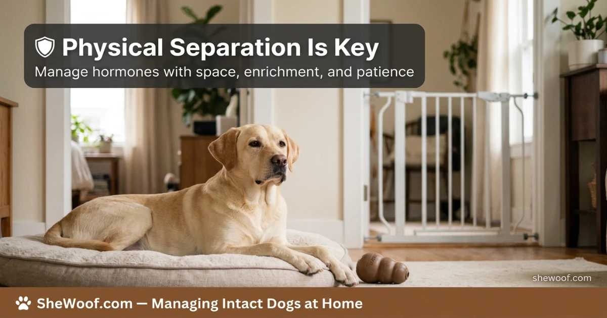 Male dog resting calmly in a separate room while a female dog is in heat nearby