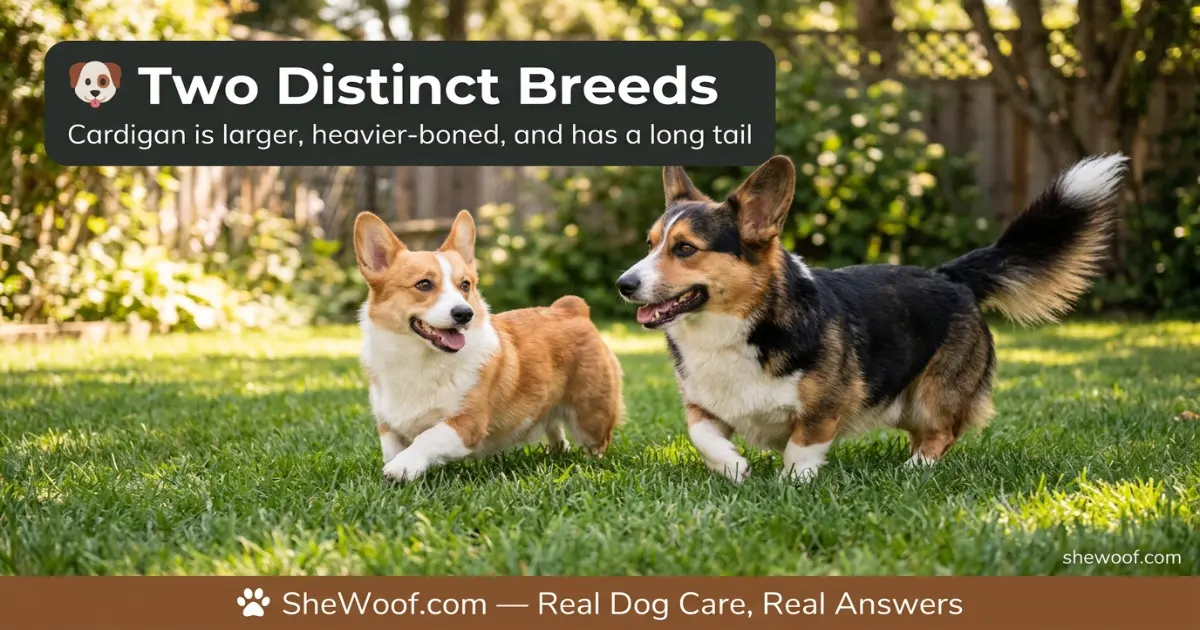 Pembroke and Cardigan Welsh Corgis playing together in a yard showing size difference