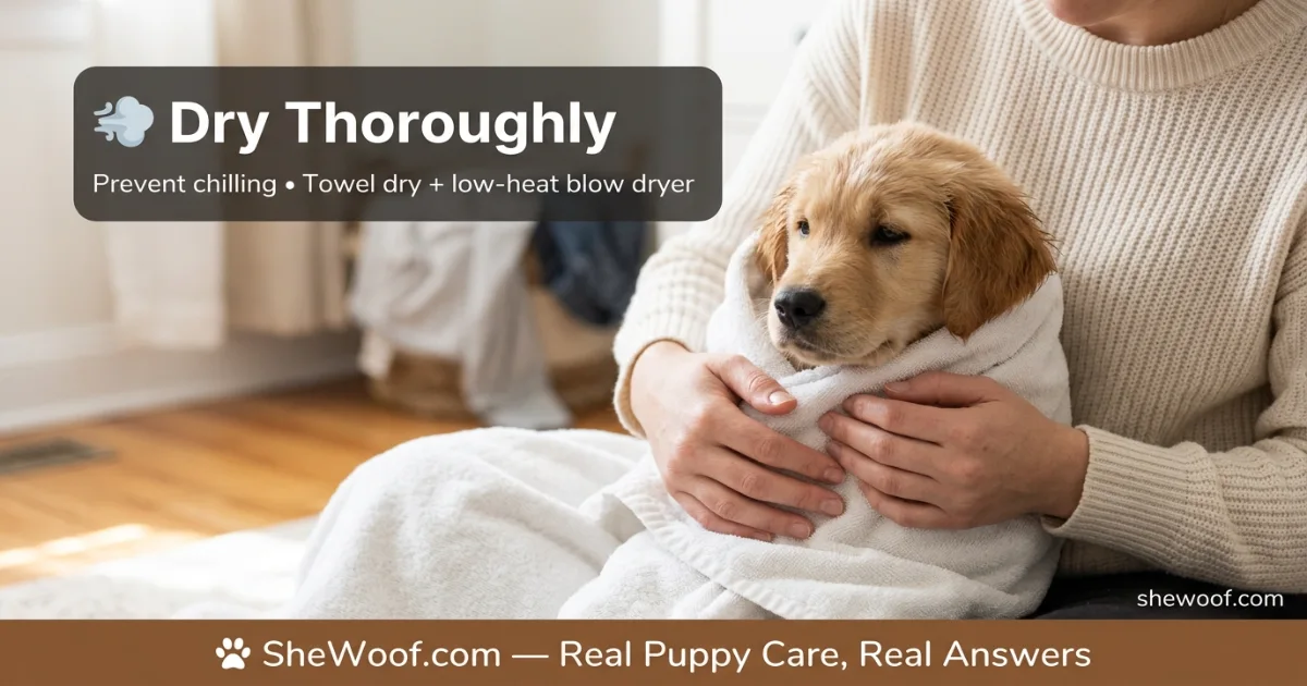 Puppy wrapped in a warm towel after its first bath, looking calm and comfortable