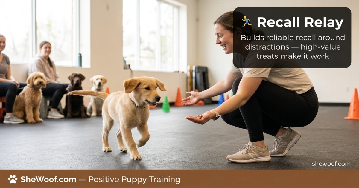 Puppy running back to its owner during a recall relay game in a group class