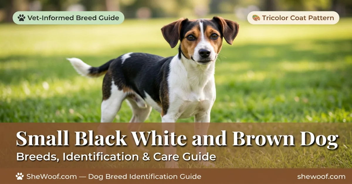 Small black white and brown dog with tricolor coat standing outdoors