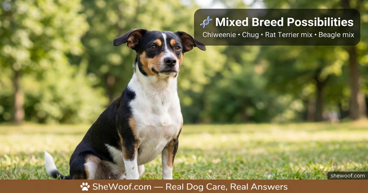 Small mixed breed dog with black white and brown coat sitting in a park