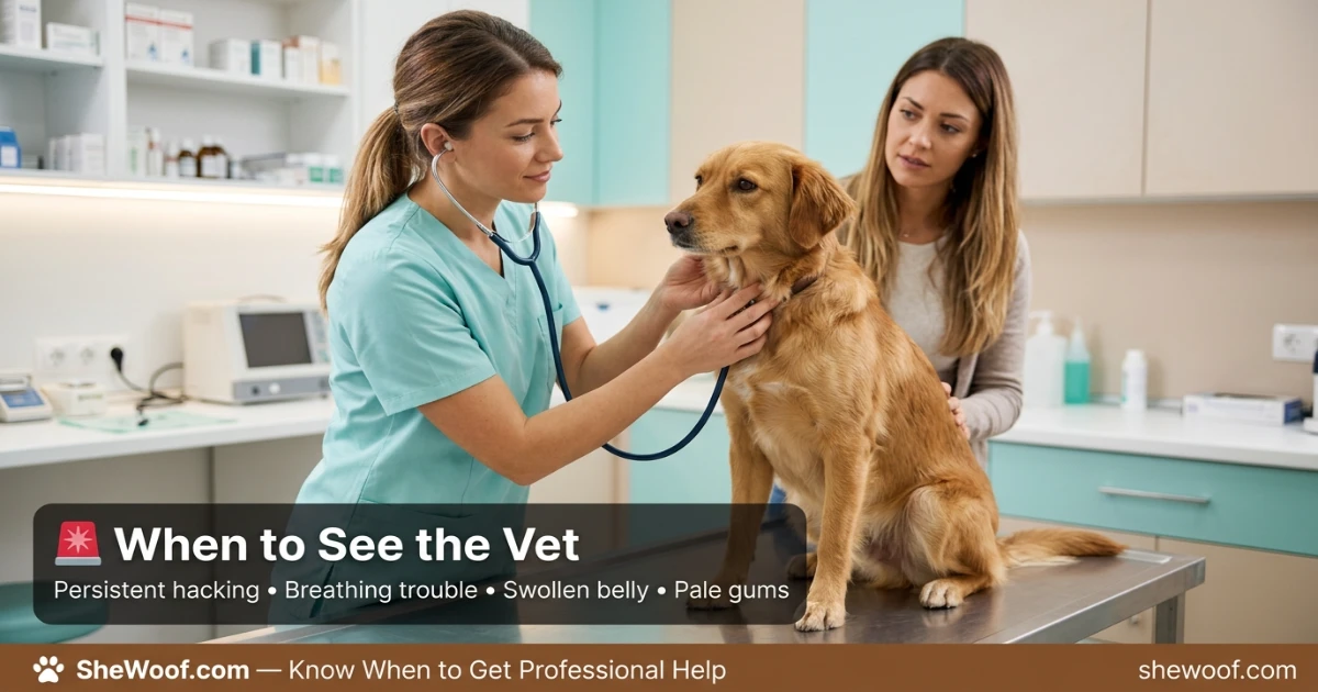 Veterinarian examining a dog's throat and airways after a foamy coughing episode