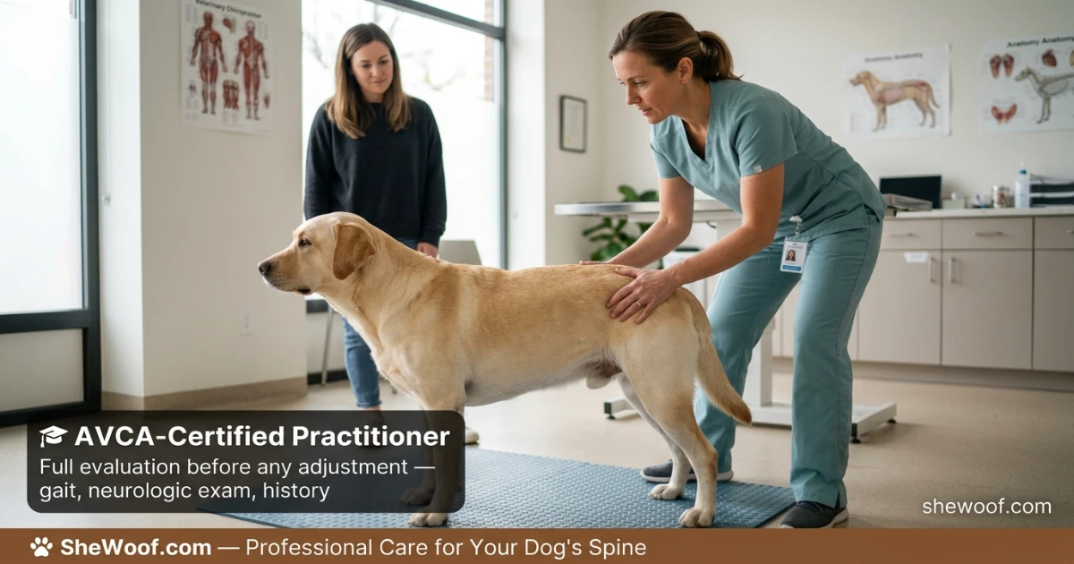 Certified veterinary chiropractor gently assessing a dog's spine and gait during a professional session