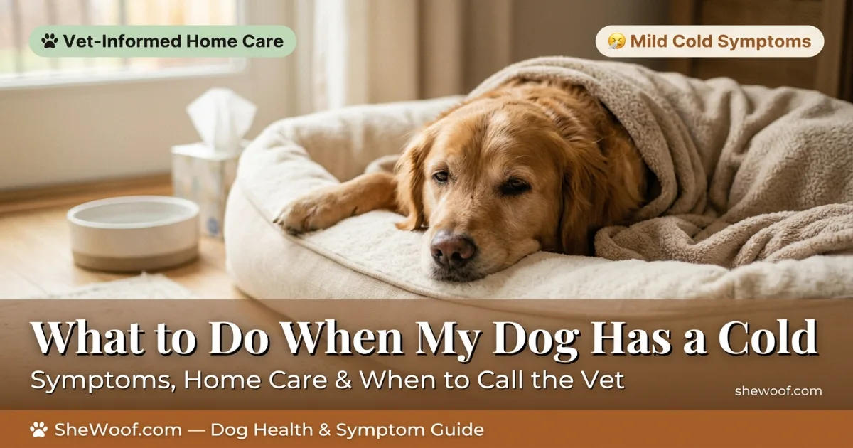 Dog resting comfortably on a bed while showing mild cold symptoms like sneezing