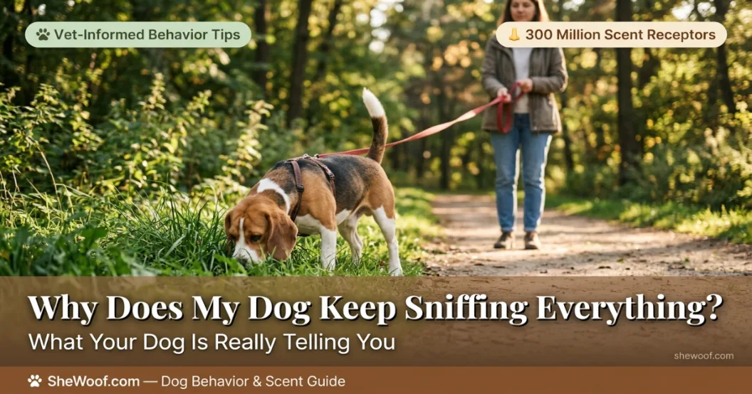 Dog sniffing the grass intensely during a walk, engaging with scent information